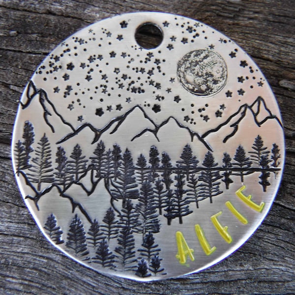 Metal Pet Handmade Tag for Collar with Mountains and Trees, Beautiful Handcrafted Dog Tag, Personalised, Native Wolf Pet Tag