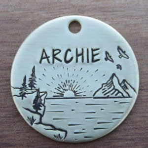 Personalised Dog Tag, Pet Name Tag, Handmade Dog Tag, Lake Dog Tag, Silver Dog Tag, Metal Pet Tag, Native Wolf Tag