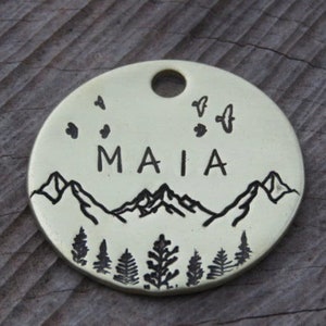 Pet ID Tag, Hand Stamped Metal Tag, Engraved Pet Tag, Countryside, Thick Metal Disc, Metal Pet Tag, Native Wolf Tag