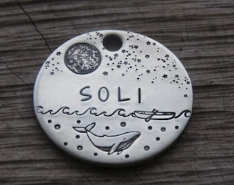 Handmade Dog Tag, Dog Collar, Pet ID Tag, Metal Disc Tag, Heavy Duty Outdoor Dog Tag, Whale, Silver Tag, ID Pet Tag, Native Wolf Tag