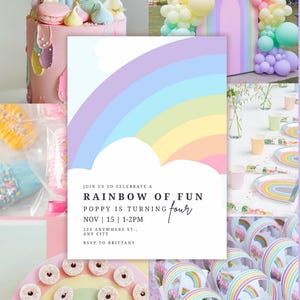 Puede incluir: Una invitación a una fiesta de cumpleaños con temática de arcoíris con un arcoíris pastel y el texto "JOIN US TO CELEBRATE A RAINBOW OF FUN POPPY IS TURNING four NOV 15 | 1-2PM 123 ANYWHERE ST.. ANY CITY RSVP TO BRITTANY".