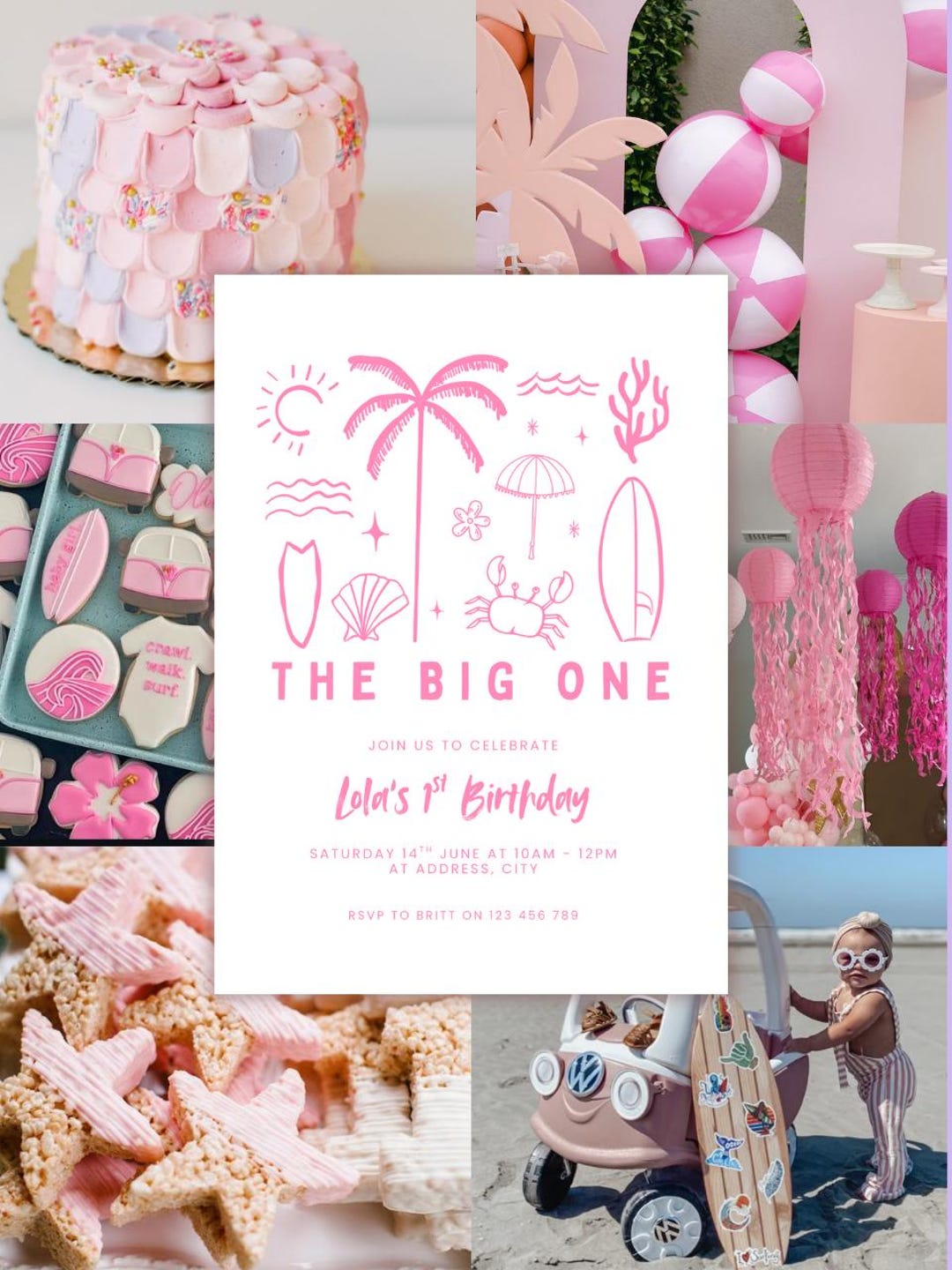 Pink Beach 1st Birthday Invitation Coastal Theme (editable Canva
