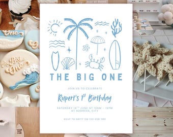 Beach First Birthday Invitation: Coastal Theme, Editable Canva Template (Digital Download)