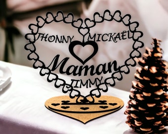 Cadeau maman personnalisé, Couronne de cœurs personnalisée "Maman", Décoration en bois, imprimée en 3D