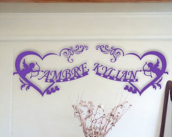 Double Heart Wall Decoration with Personalized Angels First Names