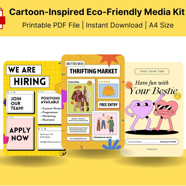 Cartoon-Inspired Eco-Friendly Media Kit for Small Businesses - Customizable Branding & Marketing Package - Green, Sustainable Business