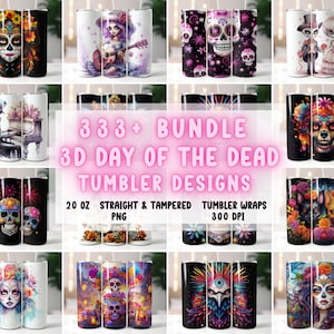 タンブラー ラップ 3D 死者の日バンドル、Dia De Los Muertos、20 オンスのスリム タンブラー昇華、ストレート テーパード ラップ PNG、デジタル ダウンロード