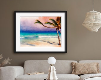 Abstract Palm Tree Ocean Art, Abstract Beach Art Painting, Ocean Sky Abstract Painting, Beach Art, Minimal Wall Art, Wall Decor, Fine Art