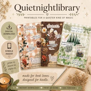 Puede incluir: Descargas digitales imprimibles para amantes de los libros, diseñadas para Kindle. La imagen presenta tres portadas decorativas con elementos florales y de texto, incluyendo el texto "Quietnightlibrary" y "Printables for a quieter kind of magic."