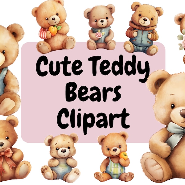 12 Teddy Bear Clipart, High Quality PNGs, Digital Planner, Paper crafts, Watercolor, Teddy bear, Teddy Bear, Cute Teddy bear, teddy for kids