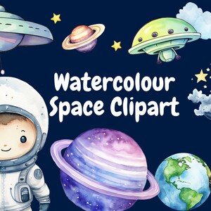 Astronaut and space Watercolor Clipart, Space Digital Print, Instant Download, Cute space clipart, space clipart, commercial rights, moon