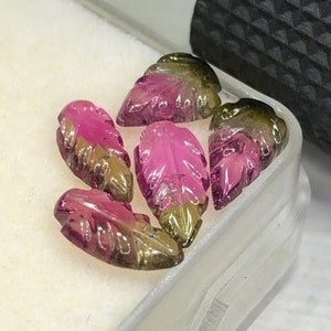 Piedra preciosa de turmalina rubelita: talla de hoja rosa y verde, piedra natal de octubre