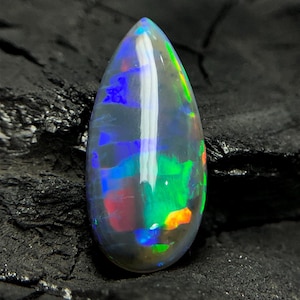 22x10 MM Natural Black Rainbow Fire Opal Cabochon, Pear Shape Opal Cabochon, Ethiopian Opal Green Blue Orange Fire Opal For Making Pendent.