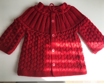 Warm & Chunky Handmade Knit Toddler Red Jacket/Cardigan - Adjustable Collar - Button-up - Thick Jacket, Baby Shower Gift - 100% Acrylic