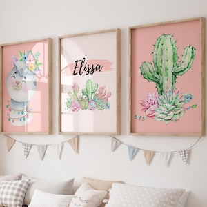 Cactus & Llama Theme Nursery Print Wall Art Boho Botanical Printable Custom Name Mauve pink decor for Baby Shower Gift