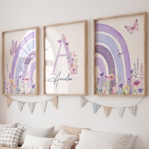 Impresión de arcoíris morado, arte de pared personalizado para guardería, decoración imprimible para habitación de niñas, impresión de flores silvestres, letrero con nombre personalizado, impresión inicial