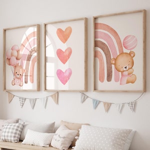 Pink Teddy Bear Print Nursery Wall Art Set of 3 Baby Bear Printable Wall Art Girls Room Decor Baby Girl Print Nursery Baby Girl Bear Poster
