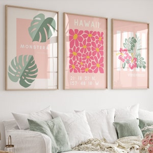 Flower Market Hawaii Print Botanical Wall Art Floral Boho Posters Set of 3 Printable Pink Wall Art Monstera Print Beach House Art Print