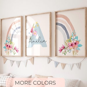 Juego de 3 impresiones de arte de pared con diseño de arcoíris para niña, con diseño de nacimiento personalizado, para guardería de niña, arte de pared con letras florales, regalo para baby shower