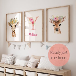 Boho Jungle Safari Animals Personalised Name Printable Nursery Wall Art Gift for Baby Prints, Customizable Kids Room Baby Girl Wall Art