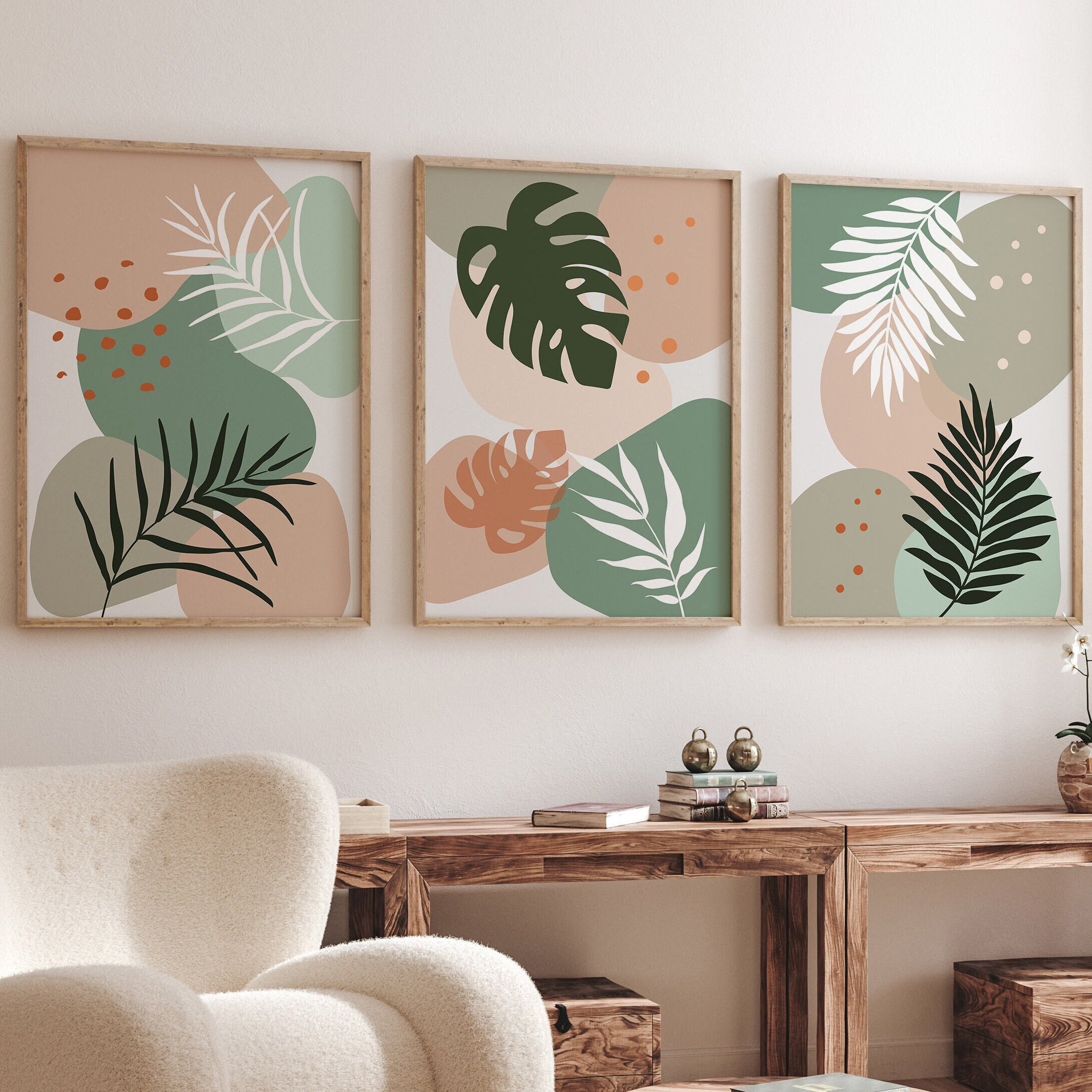 Boho Sage Green Wall Art Set of 3 Printable Monstera Leaf Prints