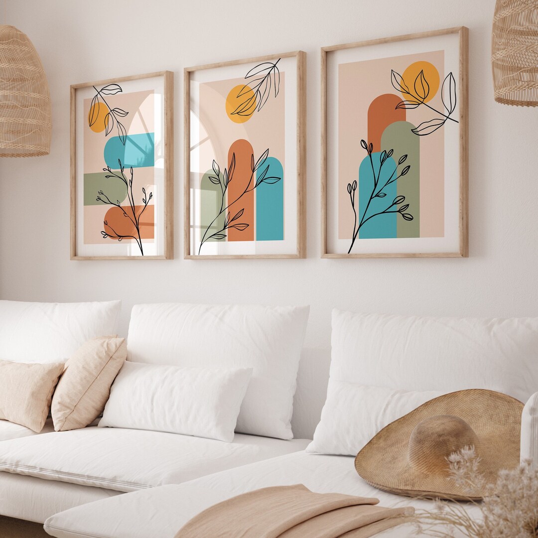 Mid Century Modern Print Set of 3: Abstract Boho Floral Wall Art ...