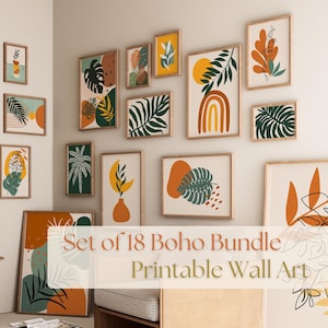 Paquete de arte de pared bohemio imprimible, arte de pared de mediados de siglo, impresiones abstractas, arte de una línea imprimible con motivos florales bohemios, carteles botánicos neutros bohemios