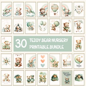 Nursery Wall Art Set of 30 Teddy Bear Print Soft Green Bear Nursery Gender Neutral Kids Room Printable Bundle Wall Art Animal Nursery Prints