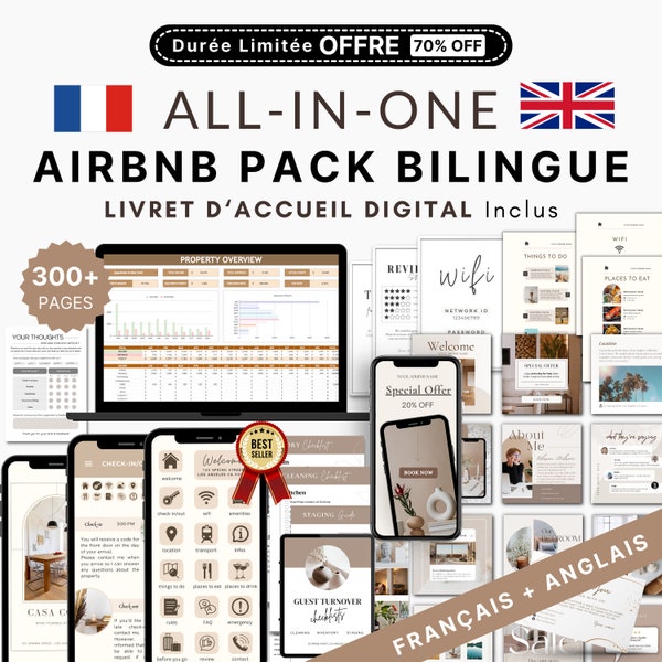 Pack Airbnb français et anglais, livret de bienvenue numérique Airbnb, feuille de calcul Airbnb, Instagram Airbnb, panneaux Airbnb modifiables, guide de nettoyage