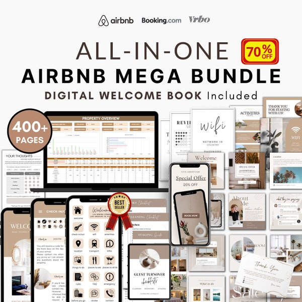 Pacchetto host Airbnb, modello Airbnb per libro di benvenuto digitale, foglio di calcolo Airbnb, Instagram Airbnb, cartelli Airbnb modificabili, lista di controllo per la pulizia