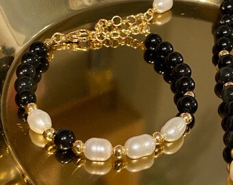 Gold plated Obsidian bracelet, Freshwater pearl bracelet, Beaded gem bracelet, Gift for her, Gemstone bracelet, Black bracelet