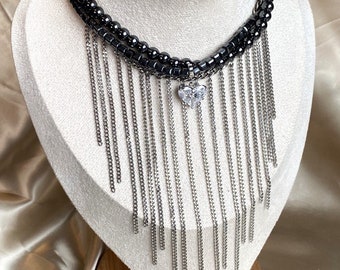 Vintage Hematite necklace, Twisting chains necklace, Multilayer Hematite necklace, Multifunctional necklace, Heart necklace, Heart pendant