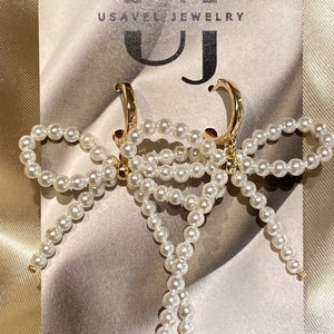 Bow earrings, Freshwater pearl bow earrings, Pearl bow hoops, Dangle earrings, Drop pearl earrings, Bow jewelry, Bow hoops, Unique earrings image 2