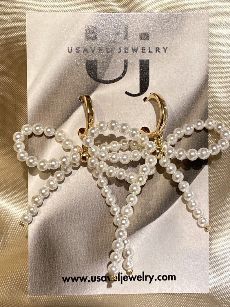 Bow earrings, Freshwater pearl bow earrings, Pearl bow hoops, Dangle earrings, Drop pearl earrings, Bow jewelry, Bow hoops, Unique earrings image 2
