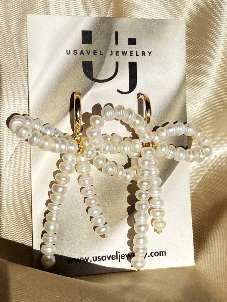 Bow earrings, Freshwater pearl bow earrings, Pearl bow hoops, Dangle earrings, Drop pearl earrings, Bow jewelry, Bow hoops, Unique earrings image 4