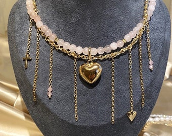 Rose quartz necklace, Wedding Bride jewellery, Heart wedding pendant, Love bride necklace, Bride necklace for wedding day, Wedding jewelry