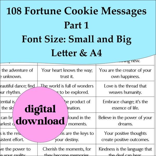 108 Fortune Cookie Sayings #1 printable Fortune Cookie Sayings PDF instant download english phrases takeout chinese cookie party letter a4