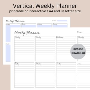 May include: A printable or interactive weekly planner in A4 and US letter size. The planner has a simple design with lined sections for each day of the week, Monday through Sunday, and a notes section. The planner is in black and white with a light blue accent colour.