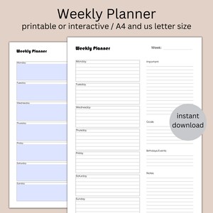 May include: A printable or interactive weekly planner in black and white with a light blue background. The planner has sections for each day of the week, as well as space for important tasks, goals, birthdays and events, and notes.
