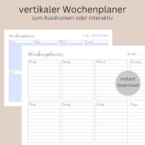 Könnte beinhalten: Ein druckbarer Wochenplaner mit vertikaler Anordnung. Der Planer ist in sieben Spalten für jeden Tag der Woche unterteilt, mit Linien zum Schreiben von Aufgaben oder Terminen. Der Text "Wochenplaner" erscheint oben auf dem Planer.