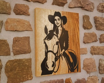 Décoration murale en bois Cavalier. Décoration murale en bois cheval. Décoration murale femme et cheval.