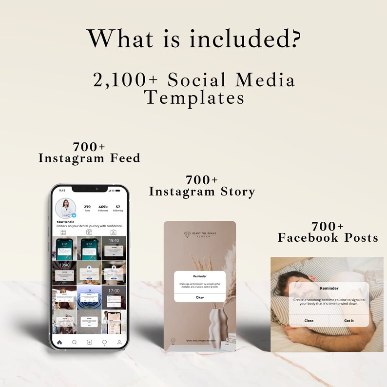 May include: A mockup of a phone screen showing a grid of 9 Instagram feed posts with a variety of images and text. The phone is on a white background. The text on the screen includes "YourHandle" and "Embark on your dental journey with confidence". The text above the phone says "700+ Instagram Feed".