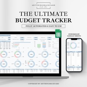 Może przedstawiać: Zrzut ekranu z komputera, na kt&oacute;rym widać arkusz kalkulacyjny Google Sheets z trackerem budżetu. Arkusz kalkulacyjny nosi tytuł "The Ultimate Budget Tracker" i jest w pełni zautomatyzowany i łatwy w użyciu. Arkusz kalkulacyjny zawiera r&oacute;żne wykresy i tabele, kt&oacute;re pomagają użytkownikom śledzić swoje wydatki i dochody. Arkusz kalkulacyjny jest obsługiwany przez Google Sheets.
