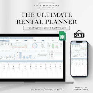 Op de afbeelding: Een screenshot van een Google Sheet-sjabloon voor een huurplanner. De sjabloon heeft de titel "The Ultimate Rental Planner" en is volledig geautomatiseerd en gemakkelijk te gebruiken. De sjabloon bevat een verscheidenheid aan grafieken en diagrammen om huuropbrengsten en -uitgaven bij te houden. De sjabloon wordt aangedreven door Google Sheets.