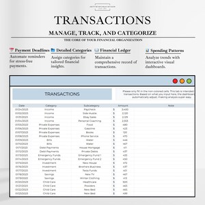 Może przedstawiać: Arkusz kalkulacyjny zatytułowany "Transakcje: Zarządzaj, śledź i kategoryzuj" z podtytułem "Serce Twojej organizacji finansowej". Arkusz kalkulacyjny jest podzielony na kolumny dla daty, kategorii, podkategorii, kwoty i notatki. Arkusz kalkulacyjny służy do śledzenia dochod&oacute;w i wydatk&oacute;w.