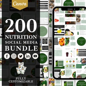 May include: A collage of 200 social media graphics for nutritionists. The graphics feature a variety of healthy food images, text, and icons. The graphics are fully customizable and can be used to promote healthy eating habits, share nutrition tips, and connect with clients.
