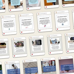 May include: A collection of 12 colorful Instagram story cards with the text "Challenge of the Day" and various daily challenges. The cards have a white background with a red heart in the top right corner. The text is in black and white.