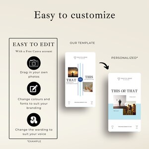 May include: A customizable template for a "This or That" journal. The template features a blue and white color scheme with the text "This or That" and "Positive Affirmations" and "Journaling" in a blue font. The template can be personalized with photos and text.