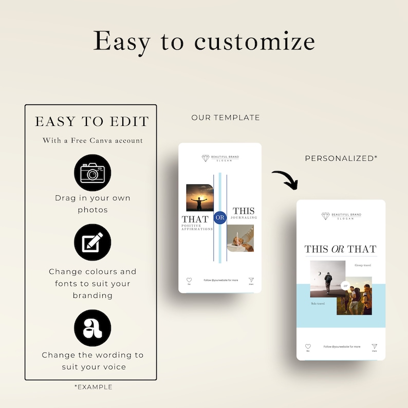 May include: A customizable template for a "This or That" journal. The template features a blue and white color scheme with the text "This or That" and "Positive Affirmations" and "Journaling" in a blue font. The template can be personalized with photos and text.