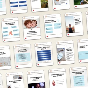 May include: A collection of 12 Instagram story templates with tips for mental health, self-care, and mindfulness. The templates feature a variety of colors and designs, including pink, blue, and green. Each template includes a title and a list of tips or suggestions.